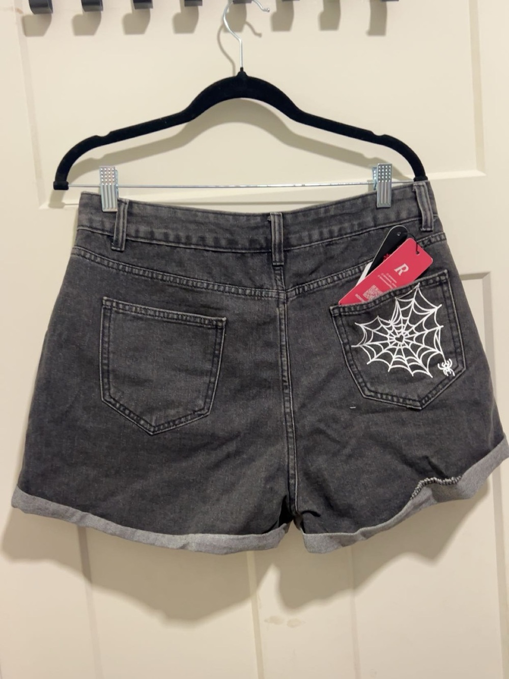 ROMWE Black Gray High-Rise Denim Shorts with White Spiderweb Pocket